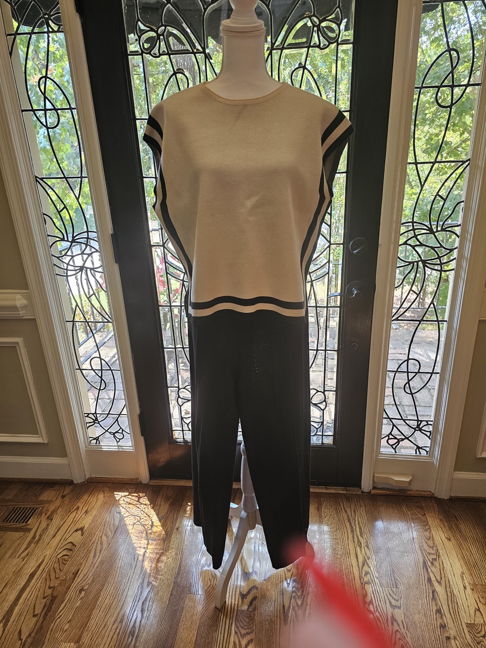 Sleeveless Two-Tone Knit Jumpsuit in Beige and Black